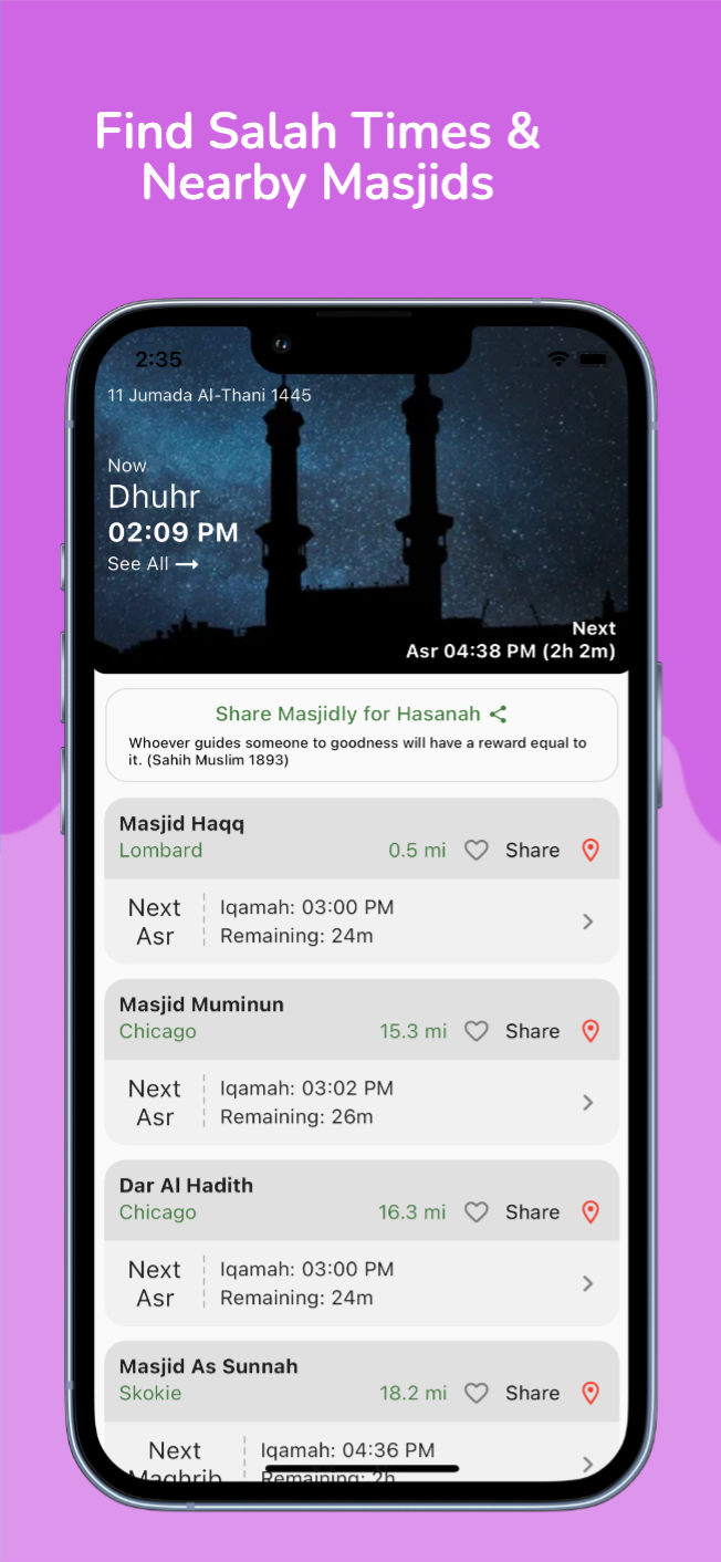 Masjidly home screen showing current prayer and nearby masjid list.