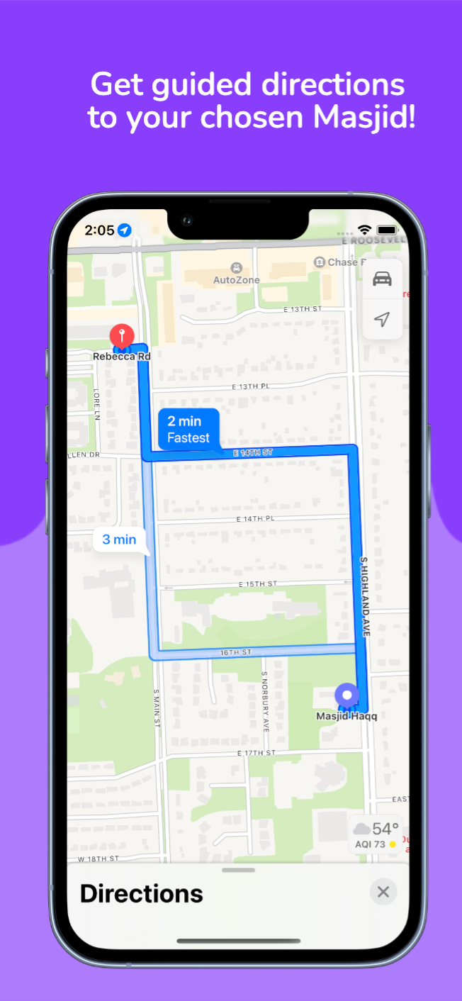 Directions screen showing route to the selected masjid.