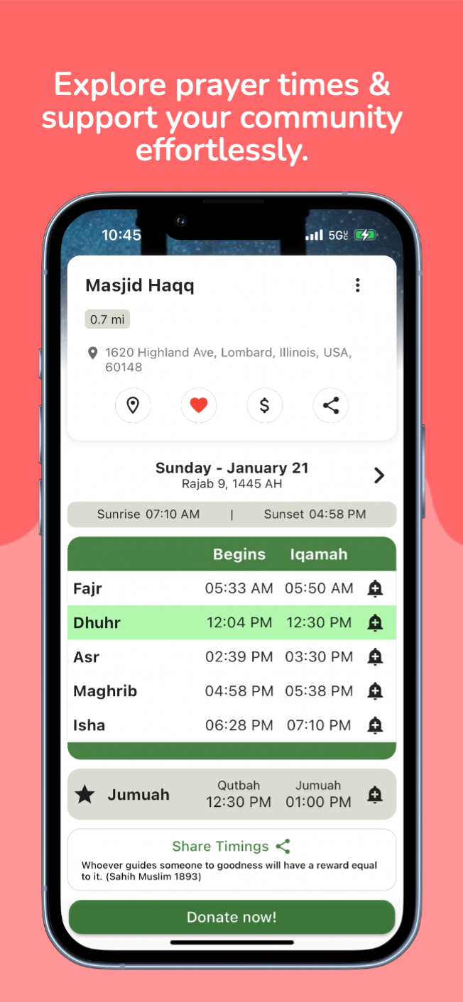 Masjid details screen with salah and iqamah timings and donate button.